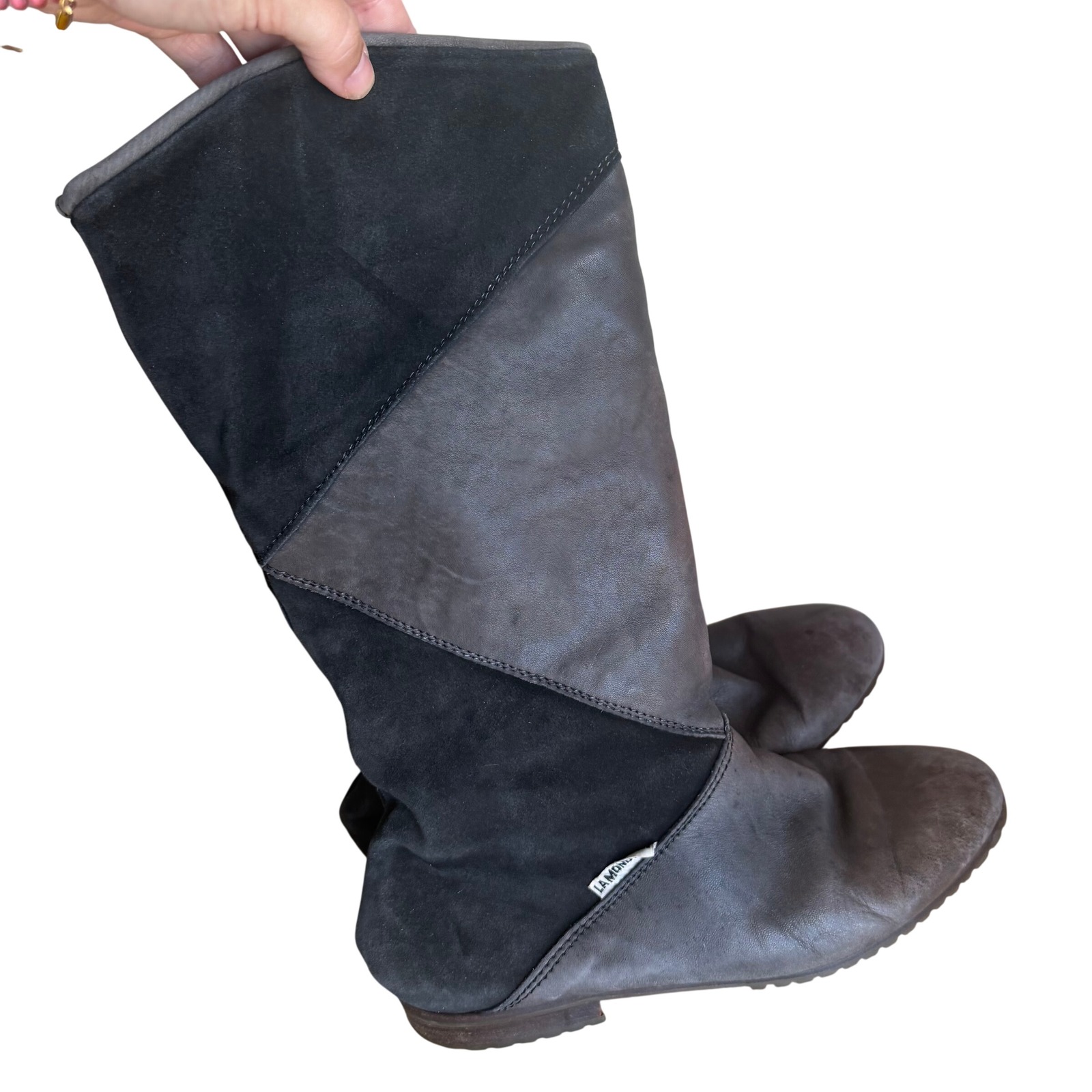 La Mondiale Italy Black Vtg Grey Leather Suede Patchwork Tall Flat Boots 7.5